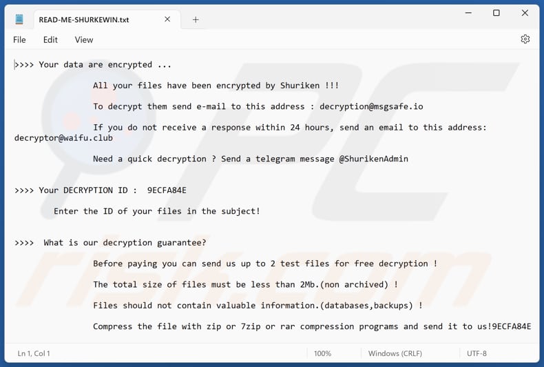Ficheiro de texto do ransomware Shuriken (READ-ME-SHURKEWIN.txt)
