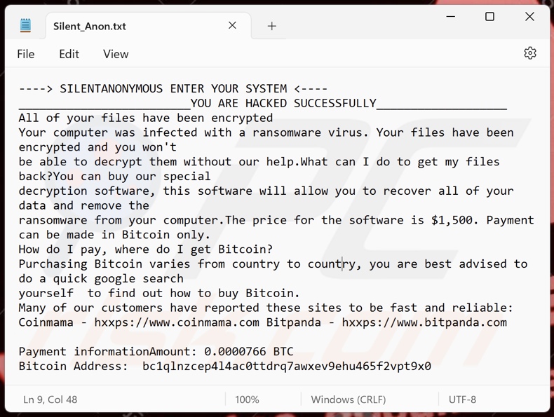 Nota de resgate do ransomware SilentAnonymous (Silent_Anon.txt)