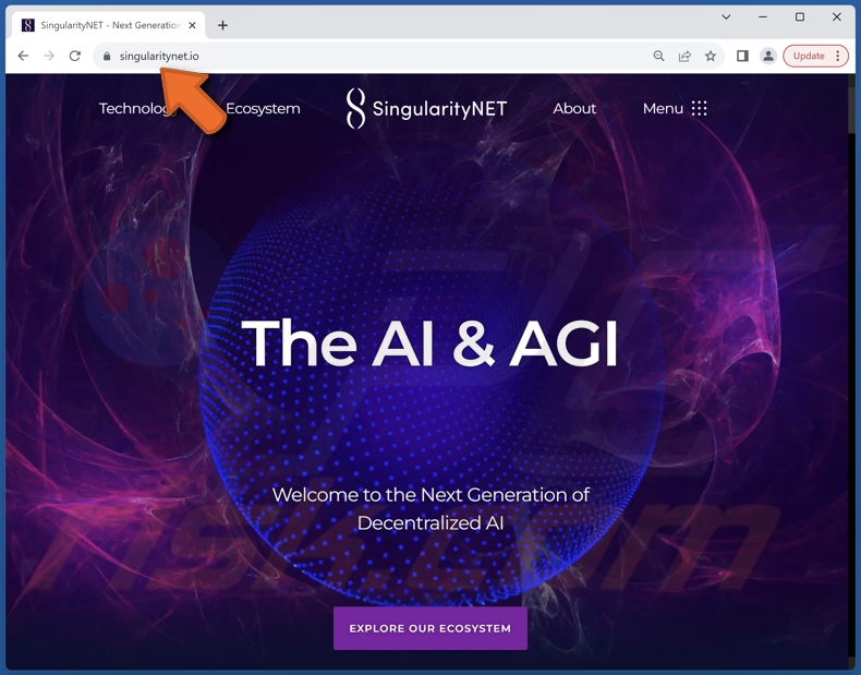Site real do SingularityNET que é imitado pela fraude homónima