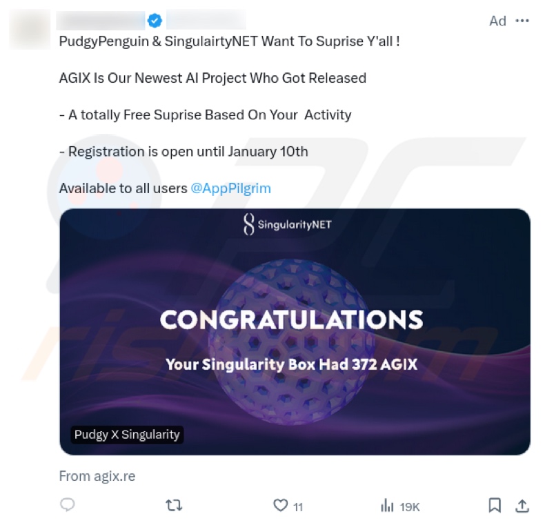 Fraude SingularityNET - AGIX promovida no X (Twitter)