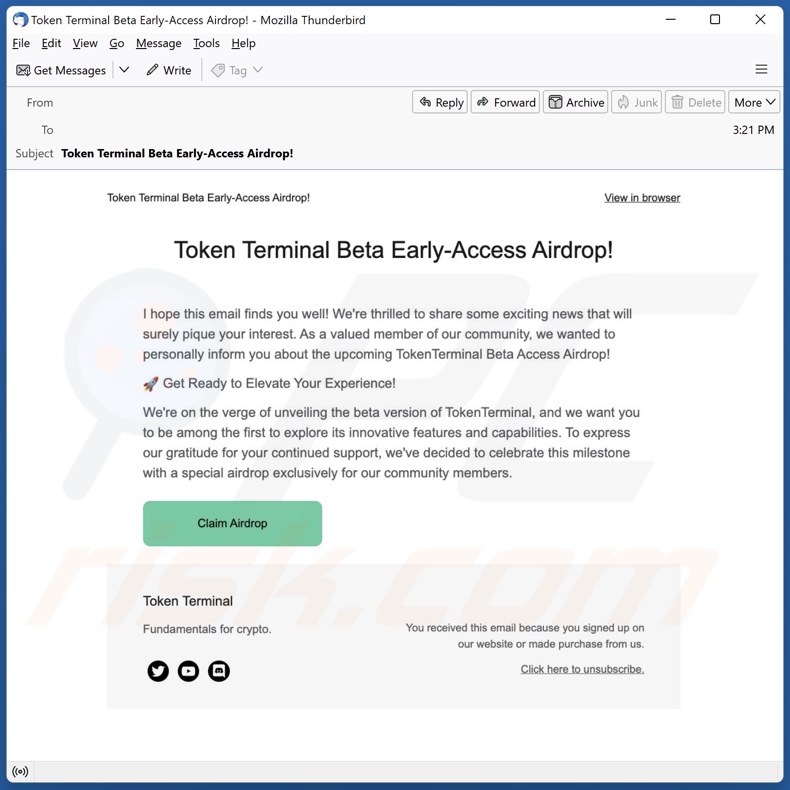 email a promover a fraude de spam Token Terminal's Airdrop