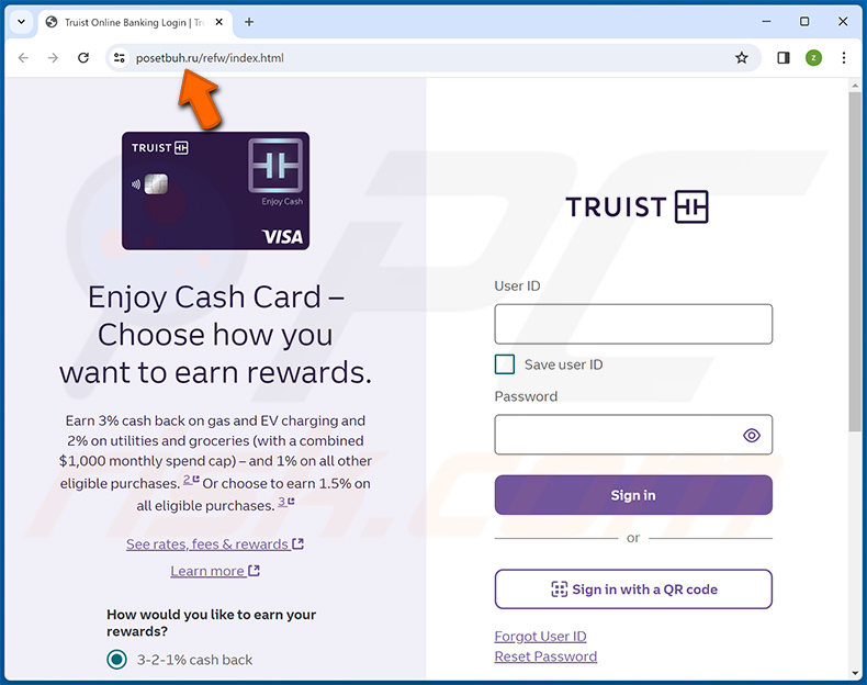Site de phishing promovido através do e-mail fraudulento Truist Online Banking Profile (2024-01-11)