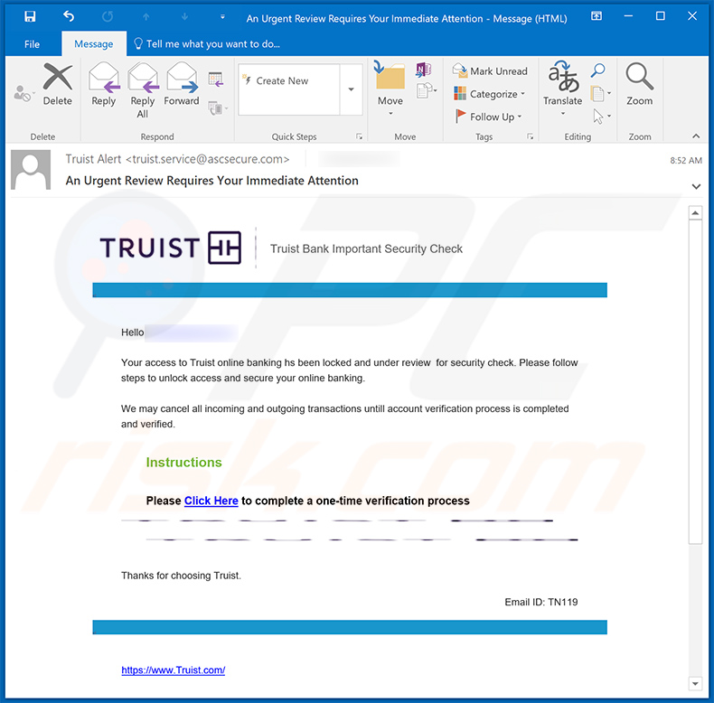 Truist Online Banking Profile burla por correio eletrónico (2024-01-12)
