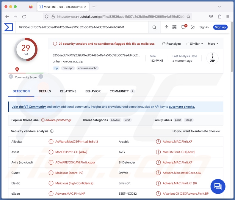 Detecções do adware Unharmonious.app no VirusTotal