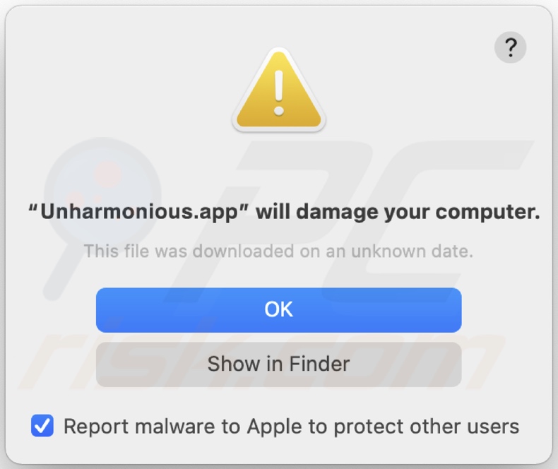 Pop-up apresentado quando o adware Unharmonious.app é detectado no sistema