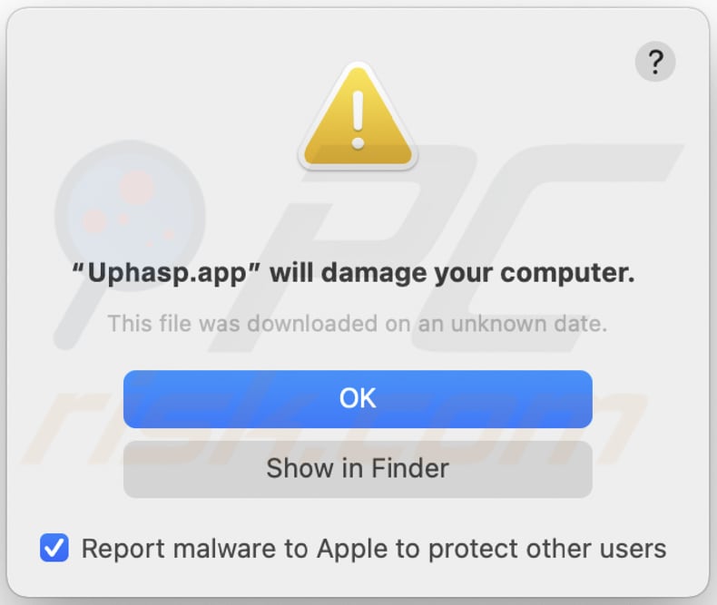 aviso do adware uphasp.app antes da instalação