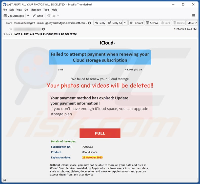 campanha de spam por email Your iCloud Photos And Videos Will Be Deleted