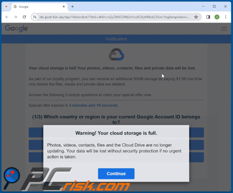 Aparência da página de phishing Your iCloud Photos And Videos Will Be Deleted