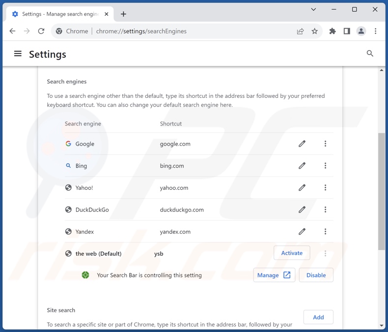 Remoção do motor de pesquisa yoursearchbar.me pré-definido do Google Chrome 