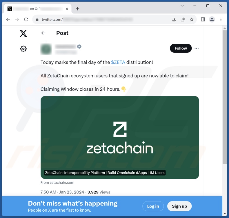 Publicação que promove a fraude ZetaChain Airdrop na plataforma de redes sociais X (Twitter)