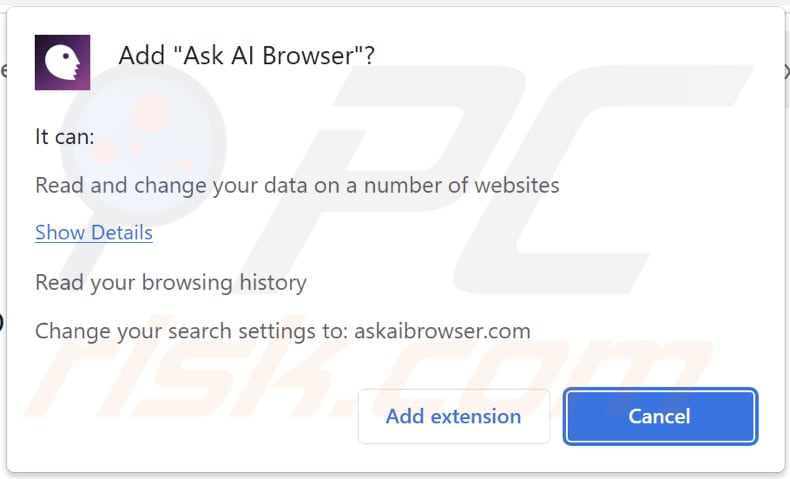 O sequestrador de navegador Ask AI Browser a pedir permissões