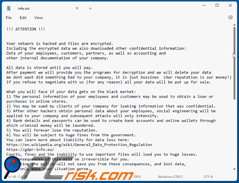 Aparência da nota de resgate do ransomware BackMyData (info.txt)