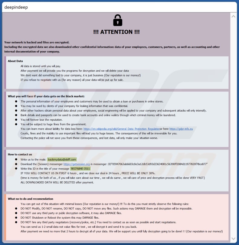 Nota de resgate do ransomware BackMyData (info.hta)