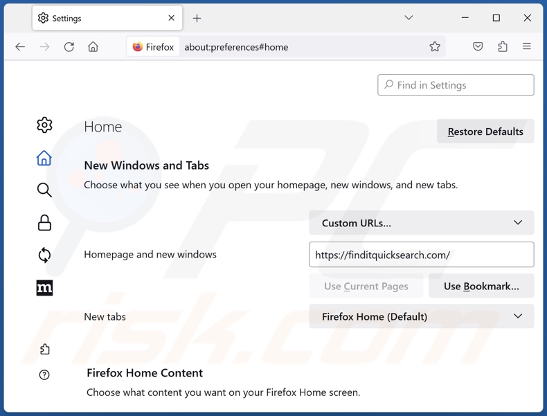 Removendo finditquicksearch.com da página inicial do Mozilla Firefox
