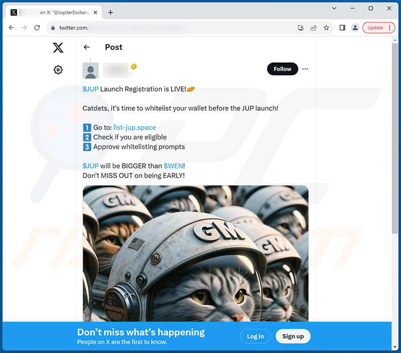 Publicação de X (Twitter) a promover o site de fraude Jupiter Airdrop - listed-jup[.]space