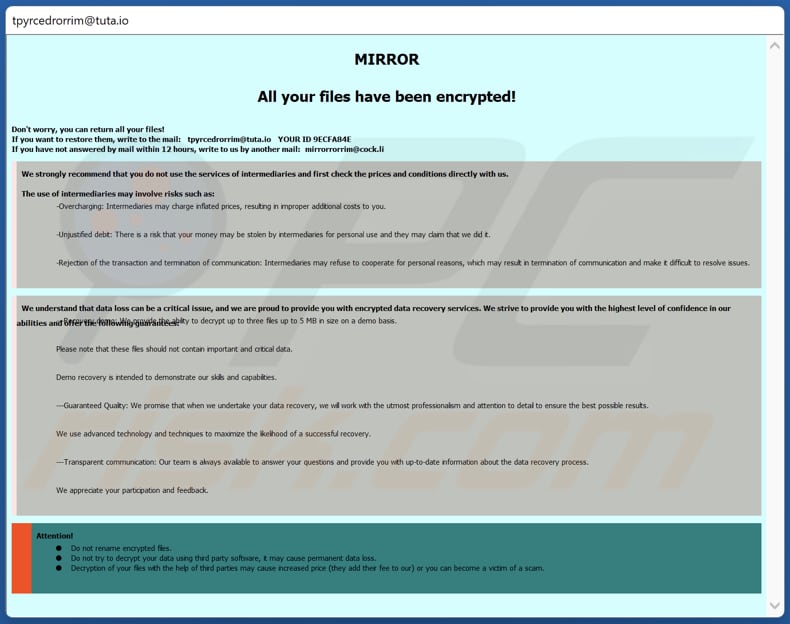 Nota de resgate do ransomware MIRROR (janela pop-up)