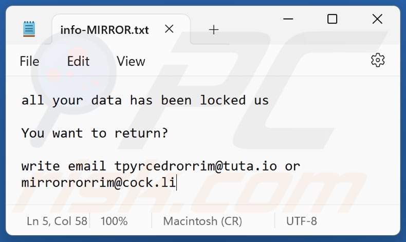 Ficheiro de texto do ransomware MIRROR (info-MIRROR.txt)