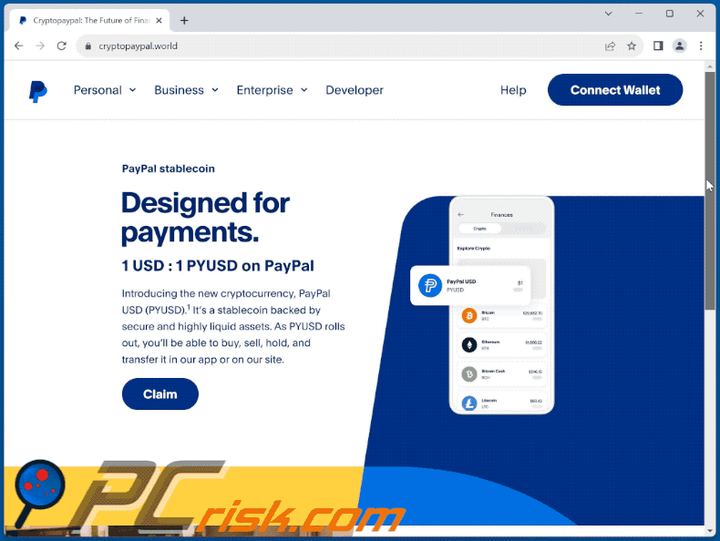 Aparência da fraude PayPal Stablecoin (GIF)