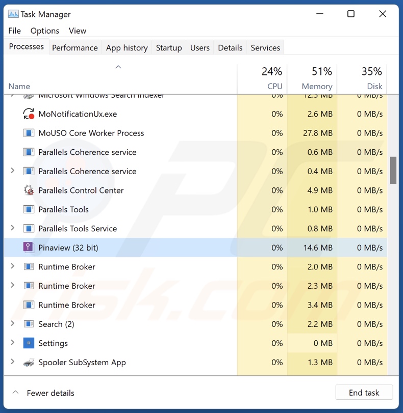 Processo da API Pinaview no Gestor de Tarefas (Pinaview - nome do processo)