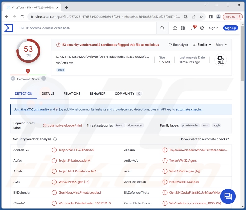 Detecções do malware PrivateLoader no VirusTotal