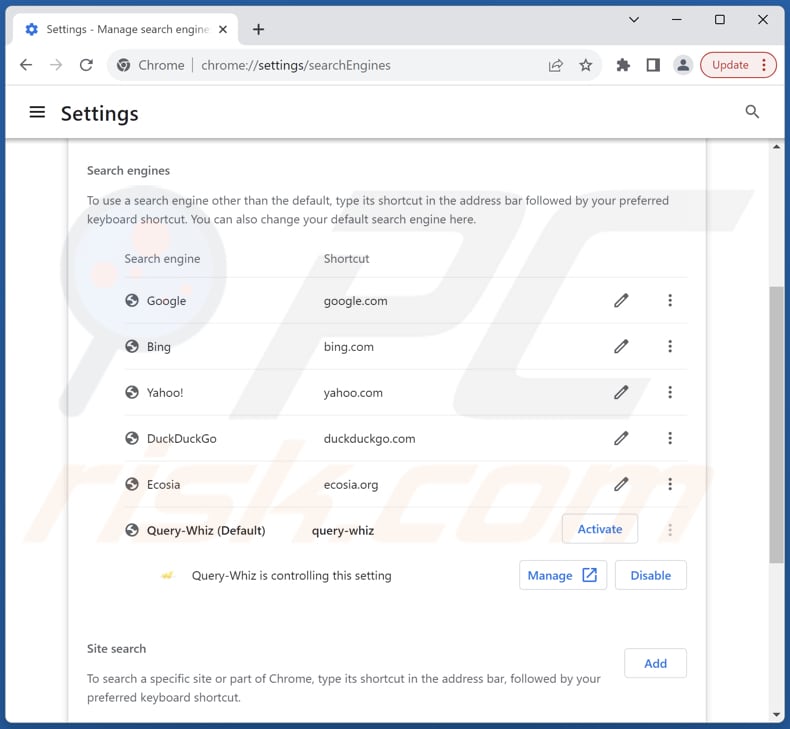 Remoção do query-whiz.com do motor de busca predefinido do Google Chrome
