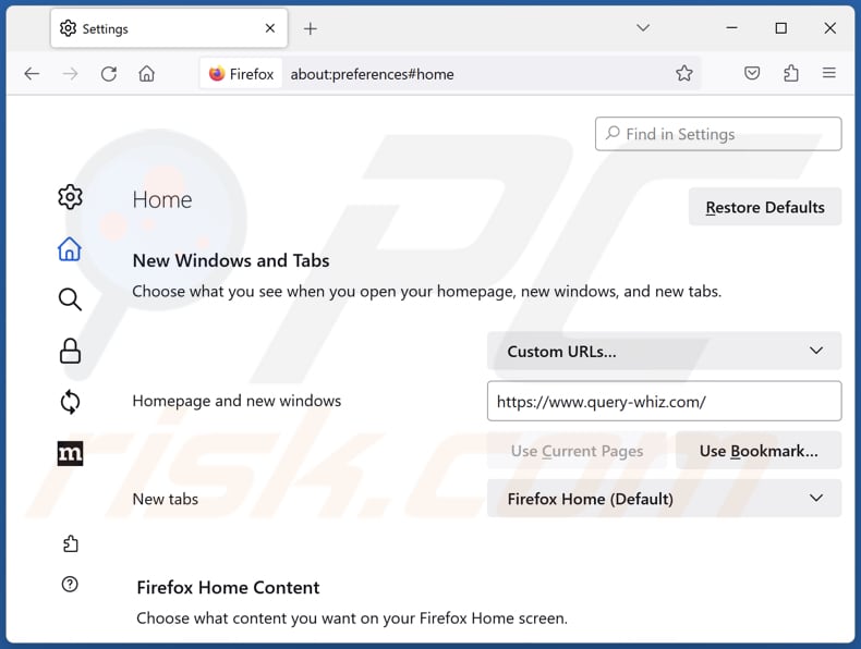Remoção do query-whiz.com da página inicial do Mozilla Firefox