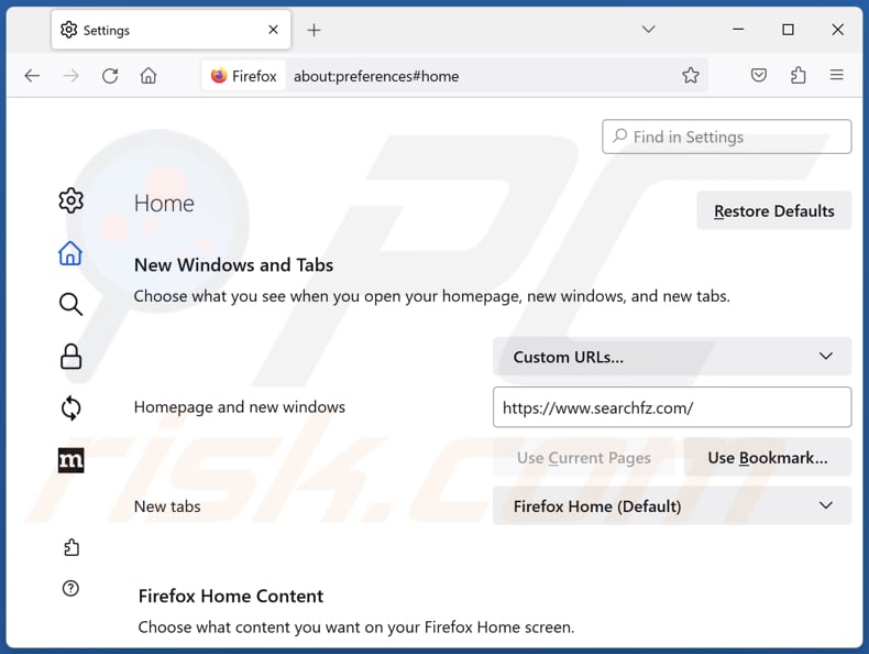 Remoção do searchfz.com da página inicial do Mozilla Firefox