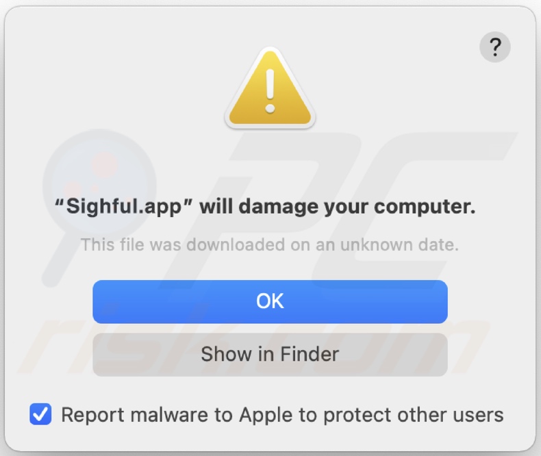 Pop-up apresentado quando o adware Sighful.app é detectado no sistema
