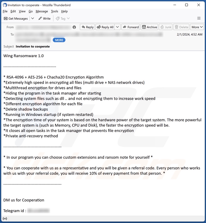 Email de spam que procura parceiros para o ransomware Wing