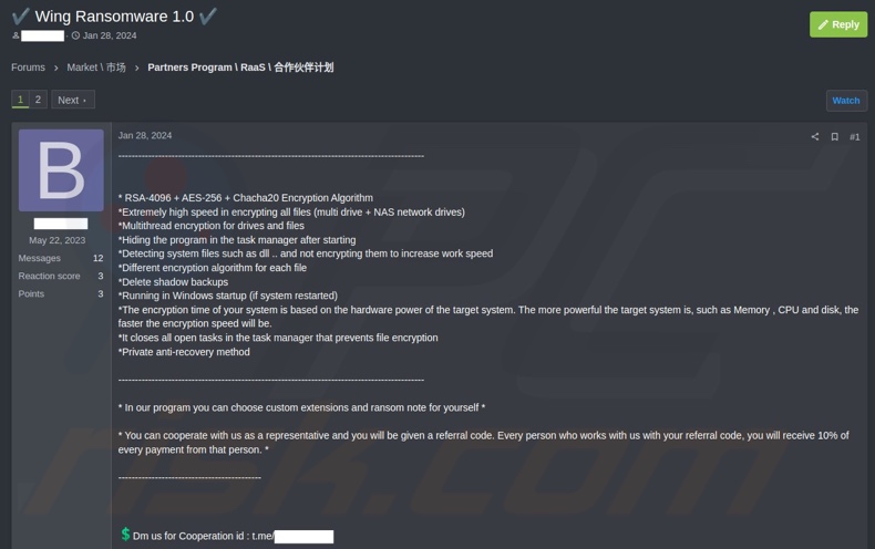Publicação num fórum pirata que procura parceiros para o ransomware Wing