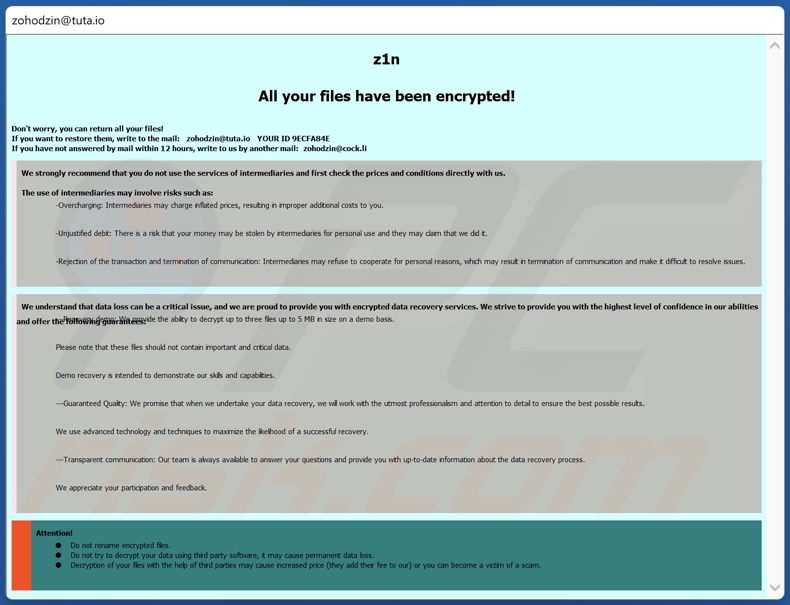 Nota de resgate do ransomware Z1n (pop-up)