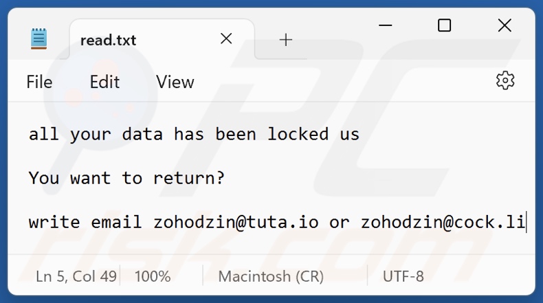 Ficheiro de texto do ransomware Z1n (read.txt)
