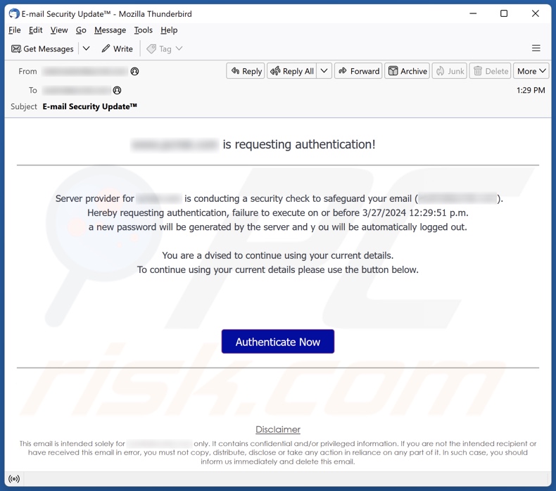 Authentication Request campanha de spam por correio eletrónico