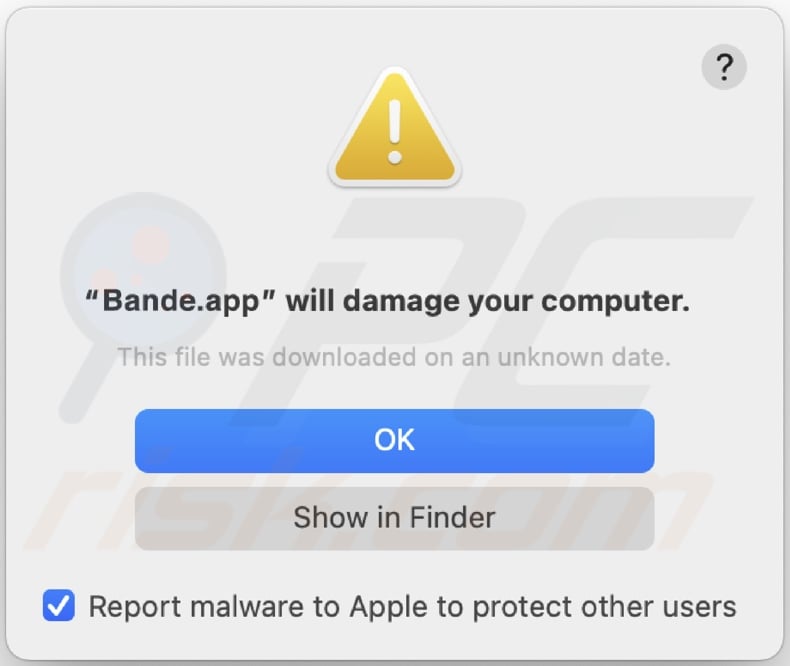 Pop-up apresentado quando o adware Bande.app é detectado no sistema