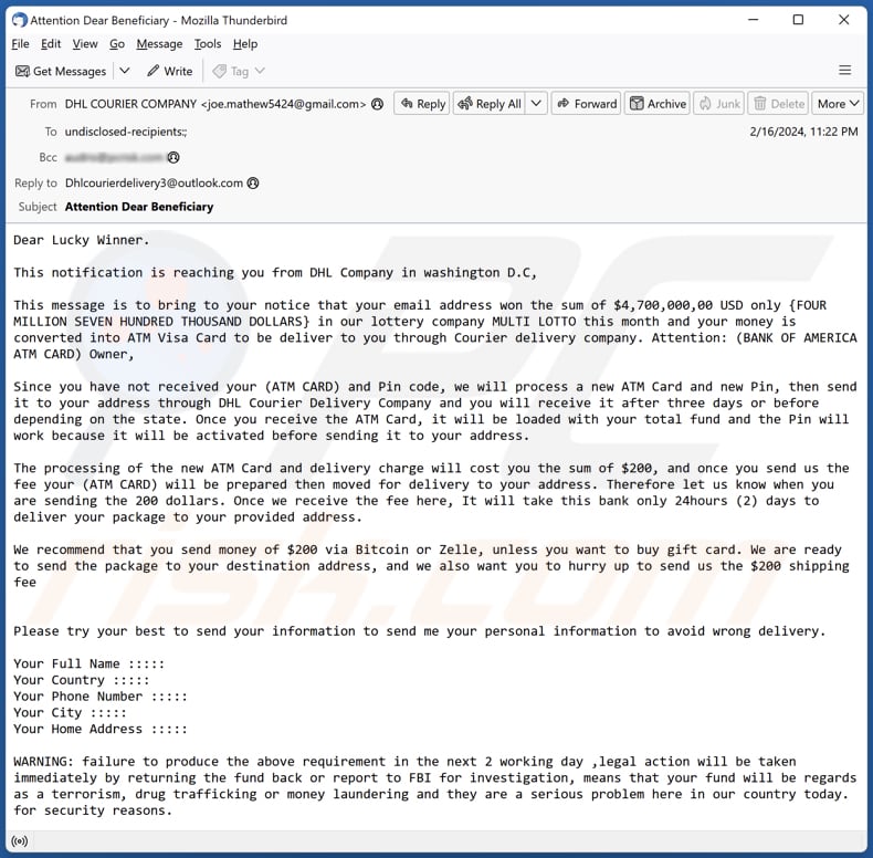 Campanha de spam por email de DHL Lottery