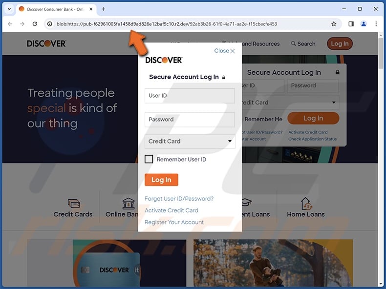 Site de phishing promovido pelo email Discover Card Payment On Hold