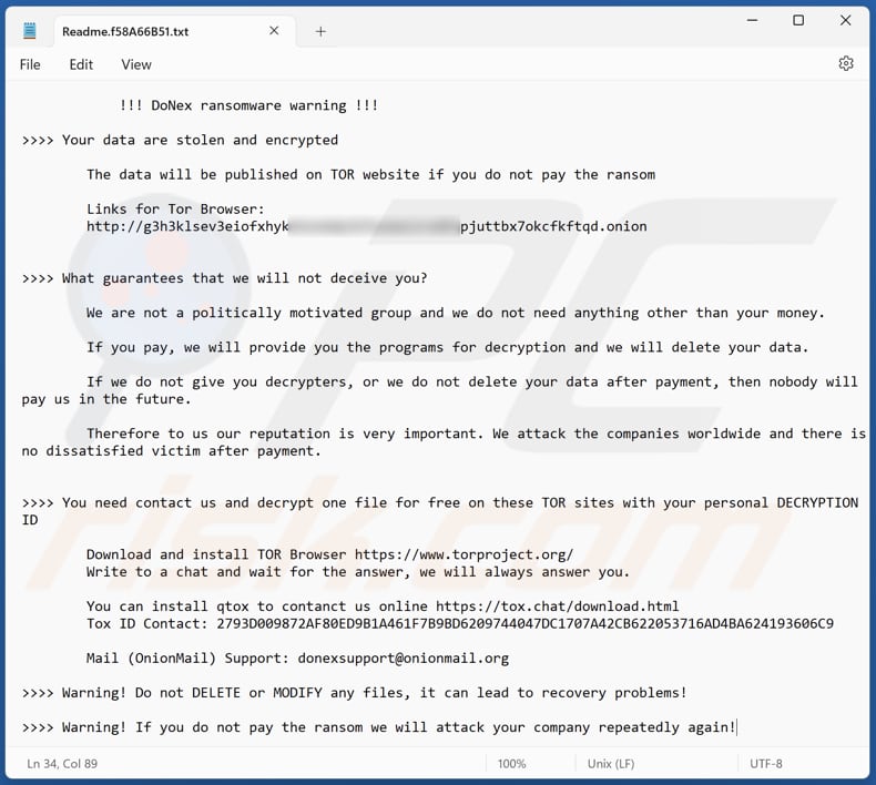 Ficheiro de texto do ransomware DoNex (Readme.[victim's_ID].txt)