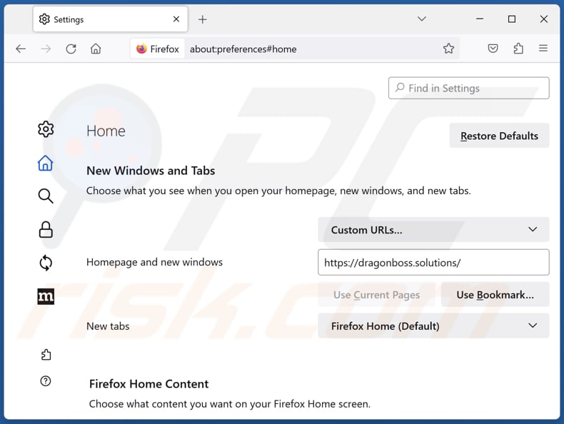 Remoção do dragonboss.solutions da página inicial do Mozilla Firefox