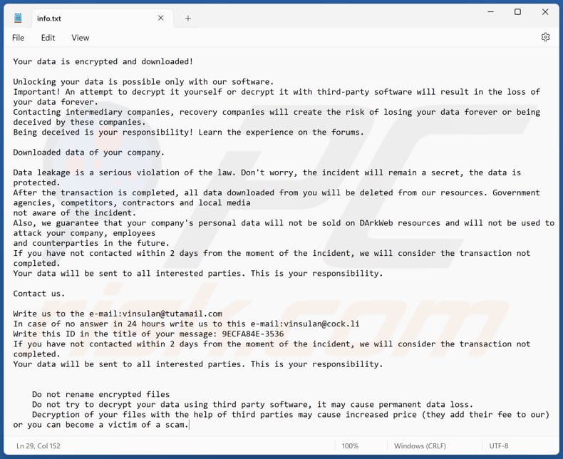 Ficheiro de texto do ransomware Dzen (info.txt)