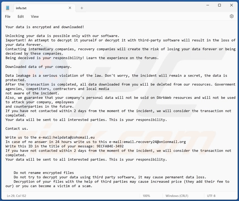 Ficheiro de texto do ransomware ELITTE87 (info.txt)