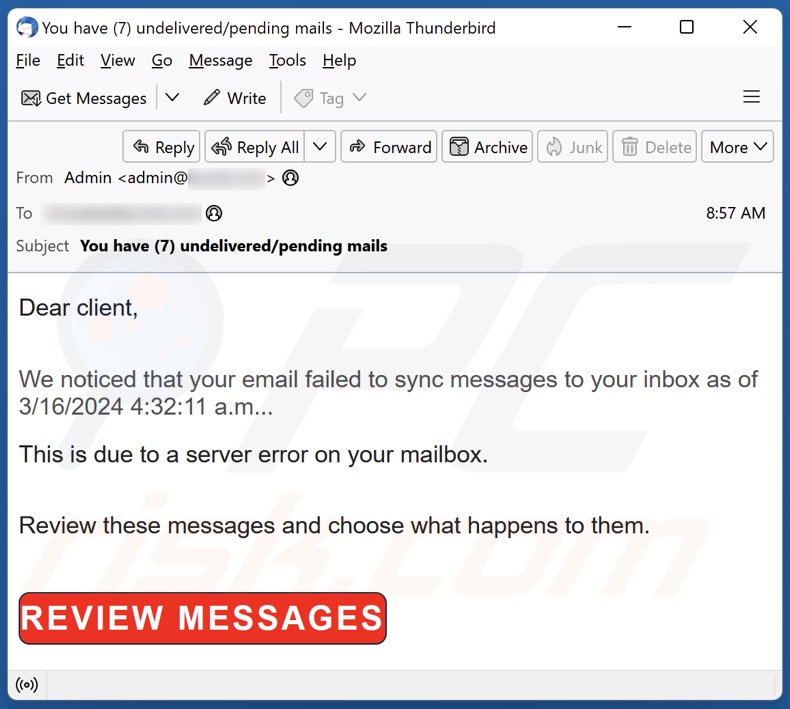 Campanha de spam de email Email Failed To Sync