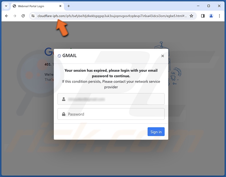 Site de phishing promovido pelo email da fraude Email Failed To Sync
