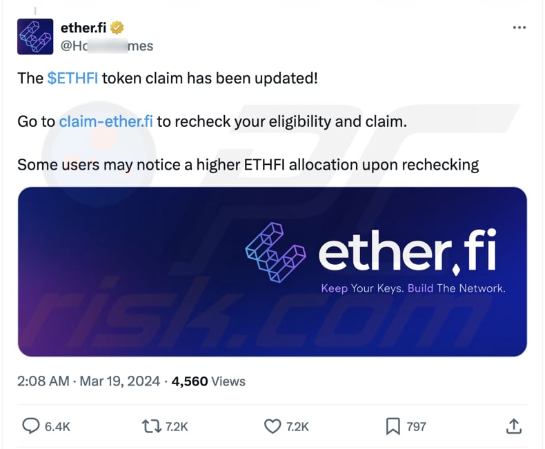 página falsa do ether.fi promovida com uma conta falsa do ether.fi