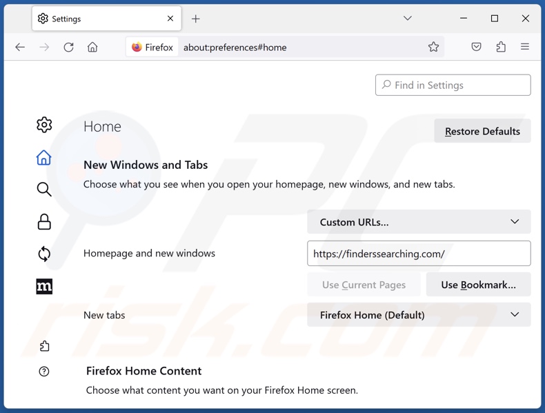 Removendo finderssearching.com da página inicial do Mozilla Firefox