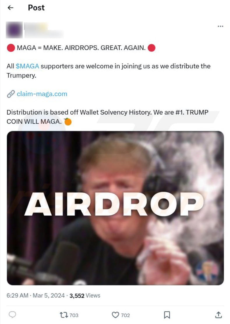 Publicação de X (Twitter) a promover esta fraude MAGA Airdrop