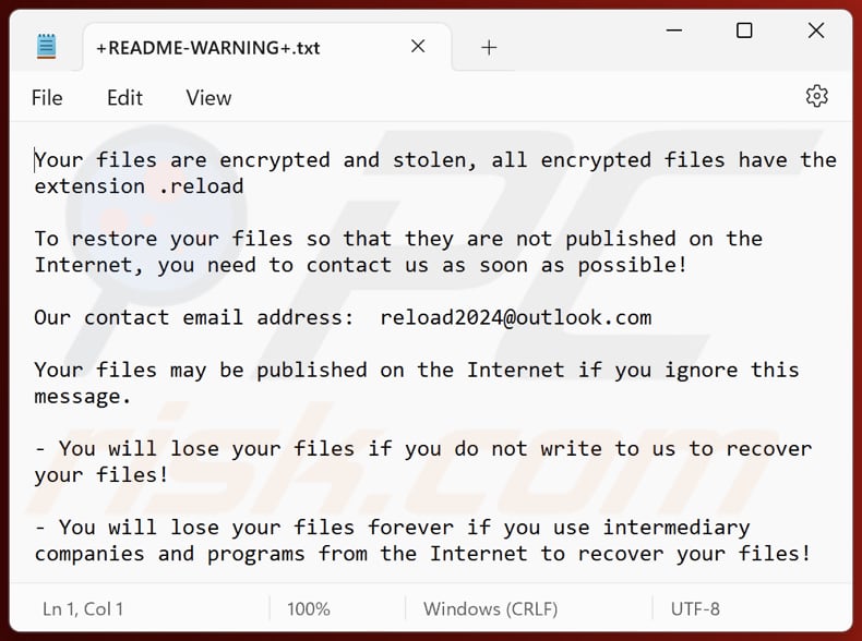Ficheiro de texto do ransomware Reload (+README-WARNING+.txt)
