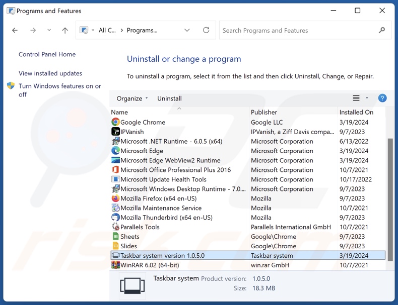 Desinstalação do Taskbar system através do Painel de Controlo