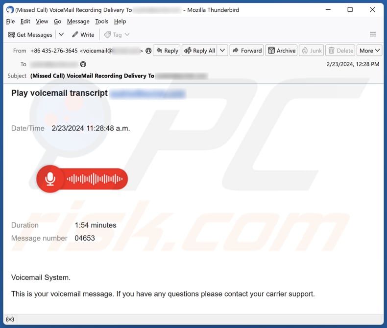 campanha de spam por email Voicemail Transcript