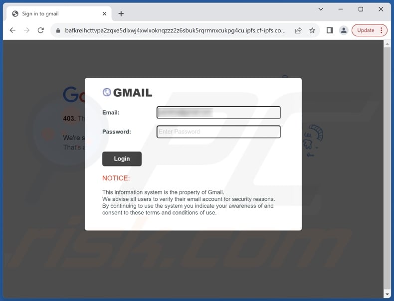 Agreement Update e-mail fraudulento promovido site de phishing