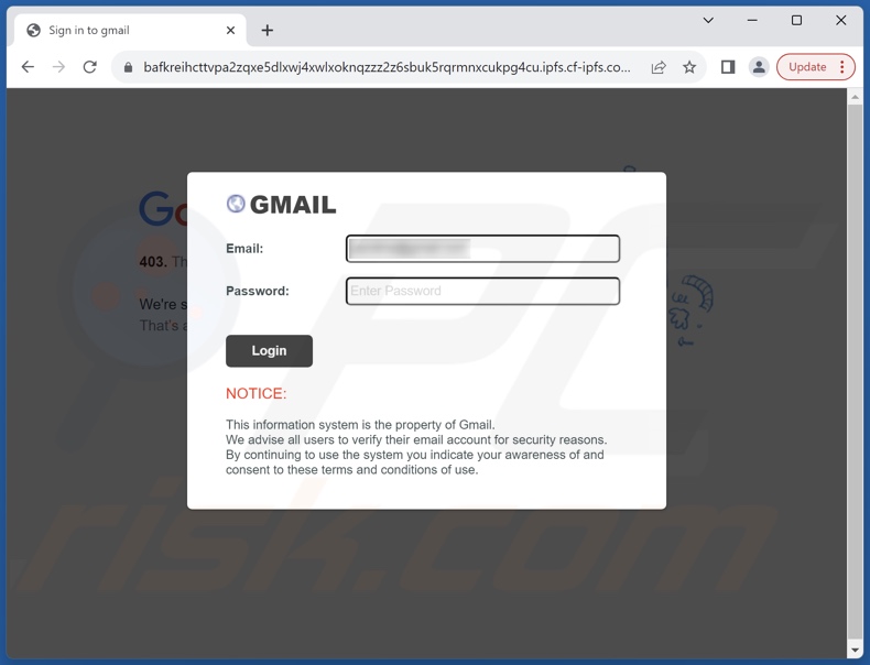 Agreement Update e-mail fraudulento promovido site de phishing